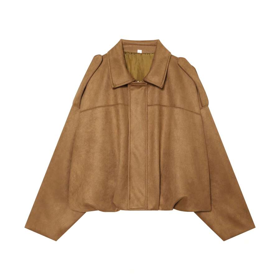 Sabrina Faux Suede Oversized Cropped Collared Jacket - Camel