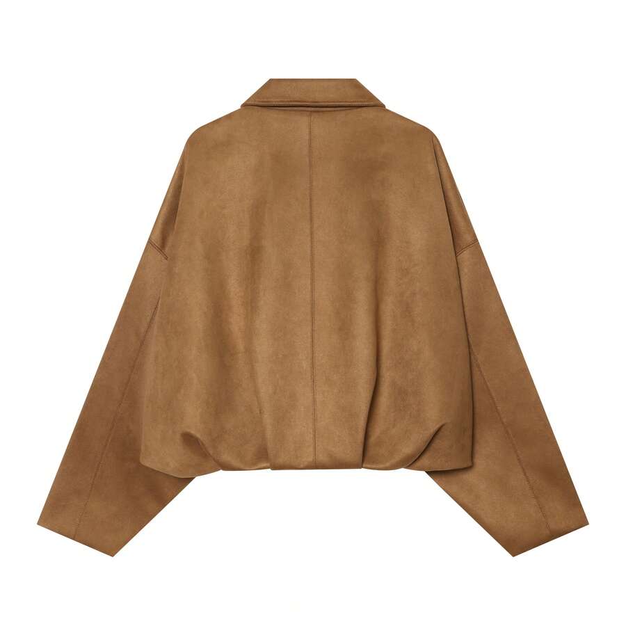 Sabrina Faux Suede Oversized Cropped Collared Jacket - Camel