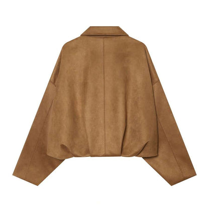 Sabrina Faux Suede Oversized Cropped Collared Jacket - Camel