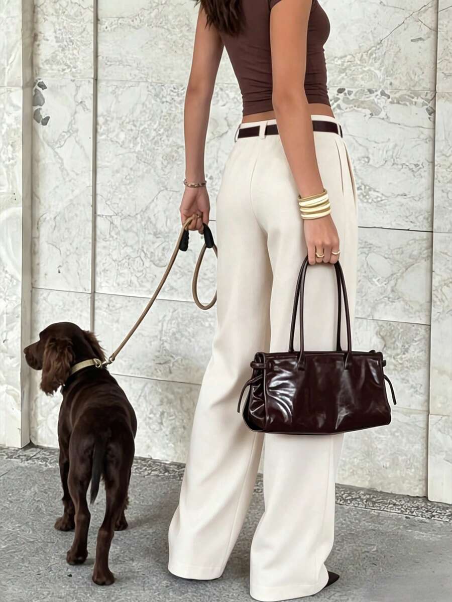 Women's Belted High Waisted Wide Leg Trousers, Tailored Dress Pants for Work Office - Brown