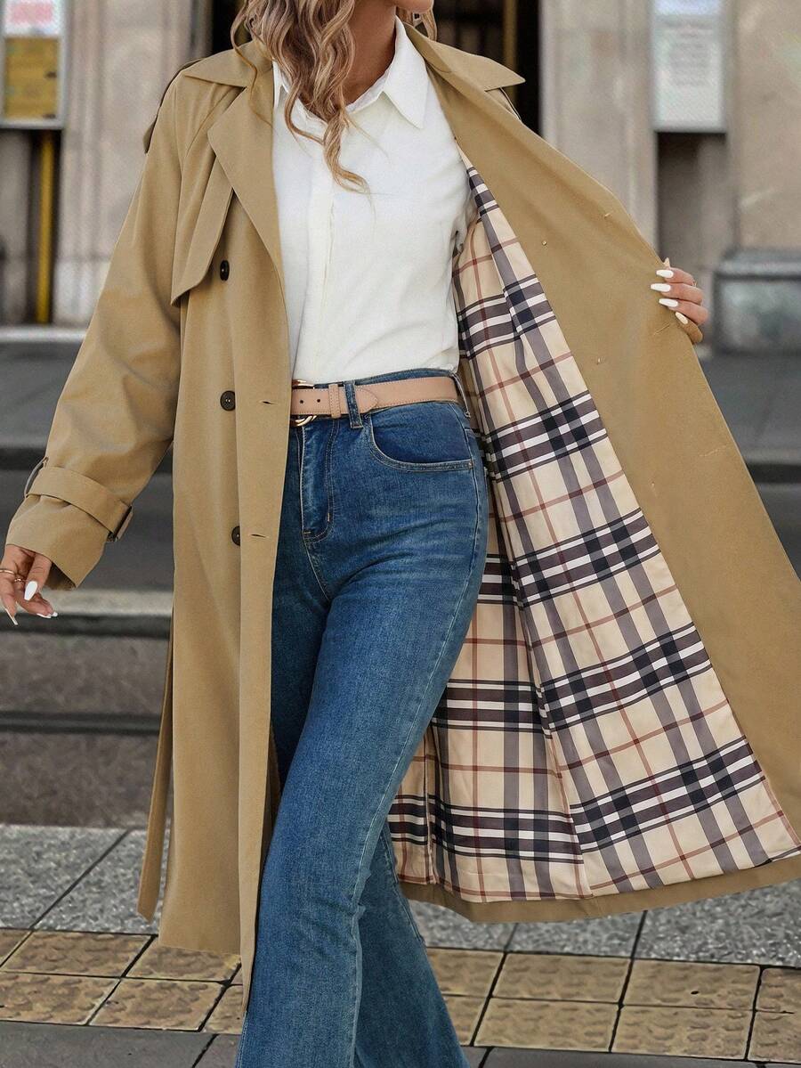 Fleur Long Double Breasted Trench Coat with Raglan Sleeves - Khaki