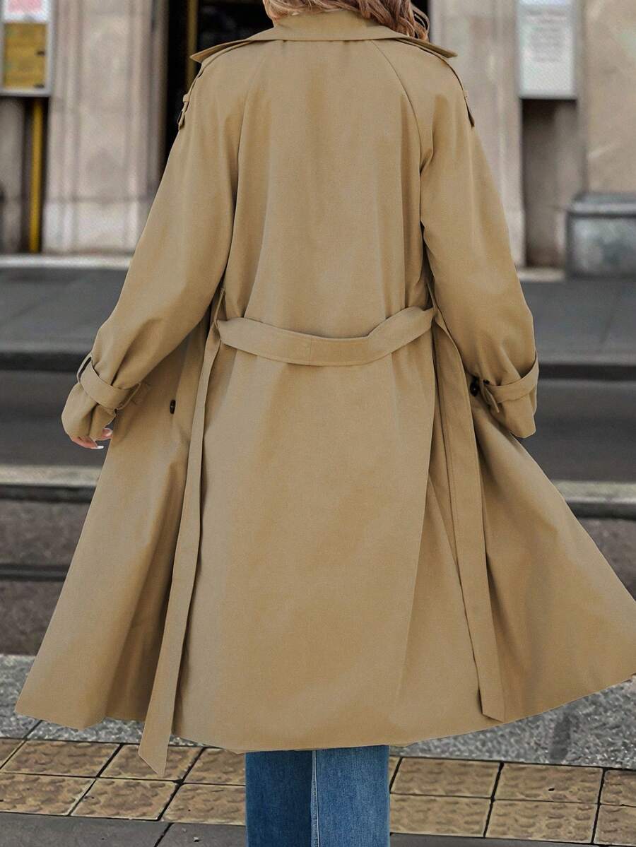 Fleur Long Double Breasted Trench Coat with Raglan Sleeves - Khaki