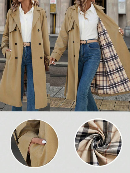 Fleur Long Double Breasted Trench Coat with Raglan Sleeves - Khaki