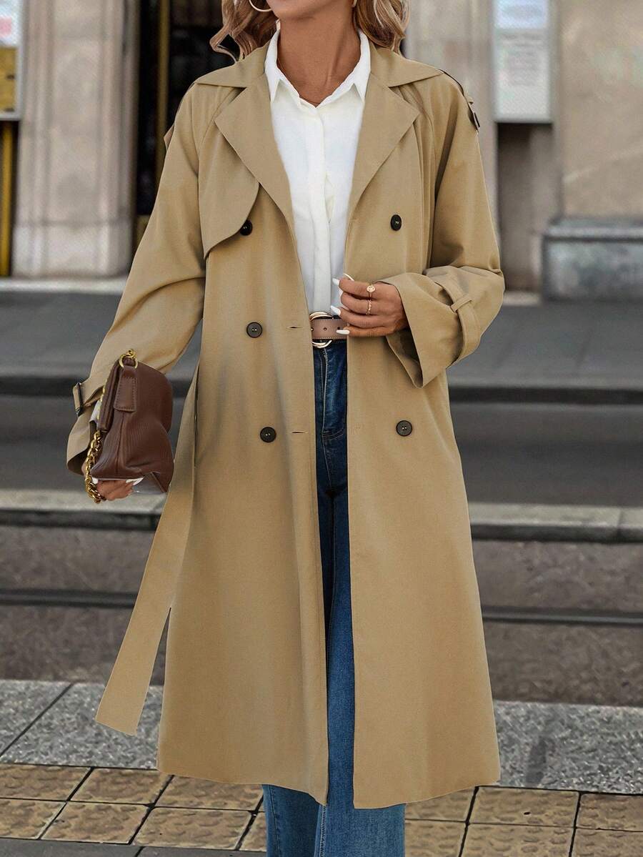 Fleur Long Double Breasted Trench Coat with Raglan Sleeves - Khaki