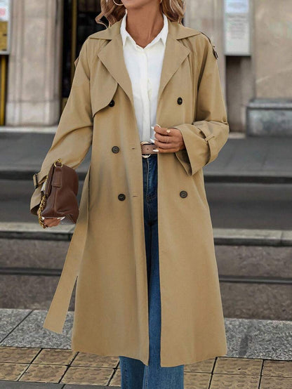 Fleur Long Double Breasted Trench Coat with Raglan Sleeves - Khaki