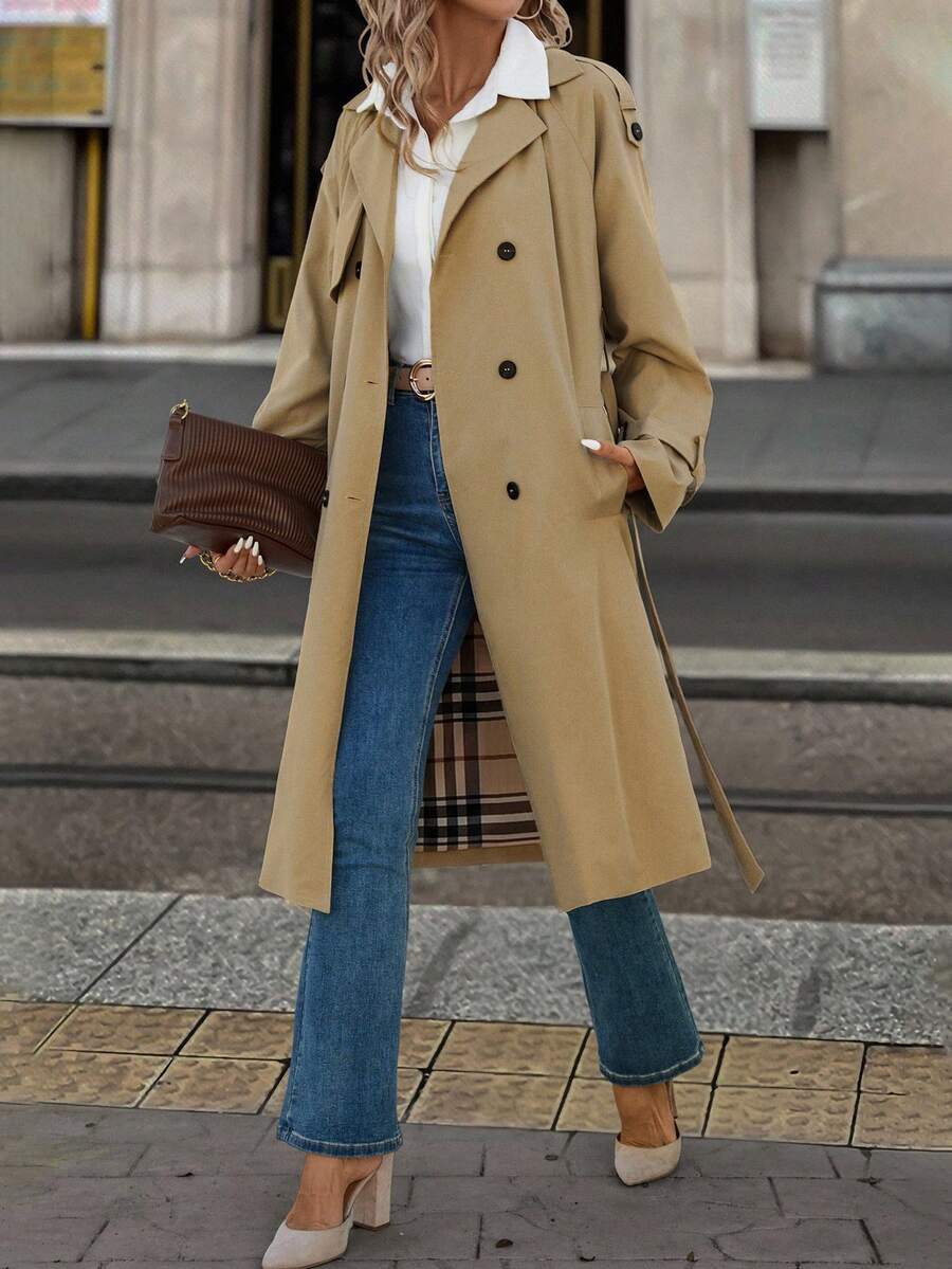 Fleur Long Double Breasted Trench Coat with Raglan Sleeves - Khaki