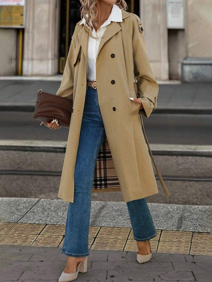 Fleur Long Double Breasted Trench Coat with Raglan Sleeves - Khaki