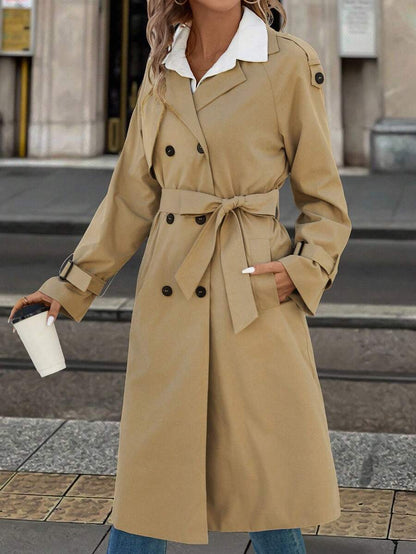 Fleur Long Double Breasted Trench Coat with Raglan Sleeves - Khaki