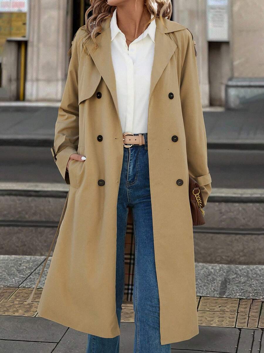 Fleur Long Double Breasted Trench Coat with Raglan Sleeves - Khaki