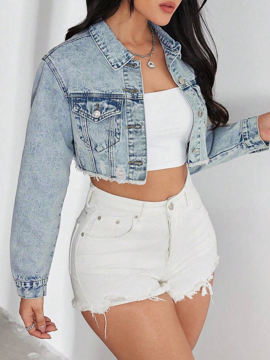 Bridget Frayed Hem Crop Washed Denim Jacket - Army Green