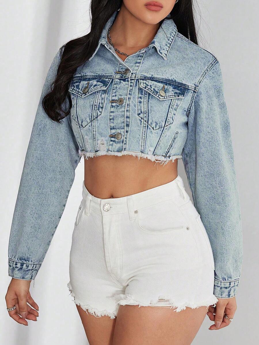 Bridget Frayed Hem Crop Washed Denim Jacket - Dark Wash