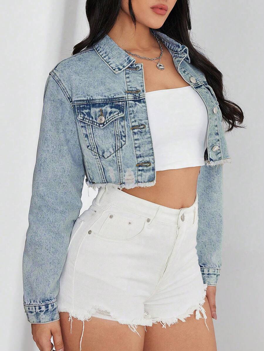Bridget Frayed Hem Crop Washed Denim Jacket - Light Wash