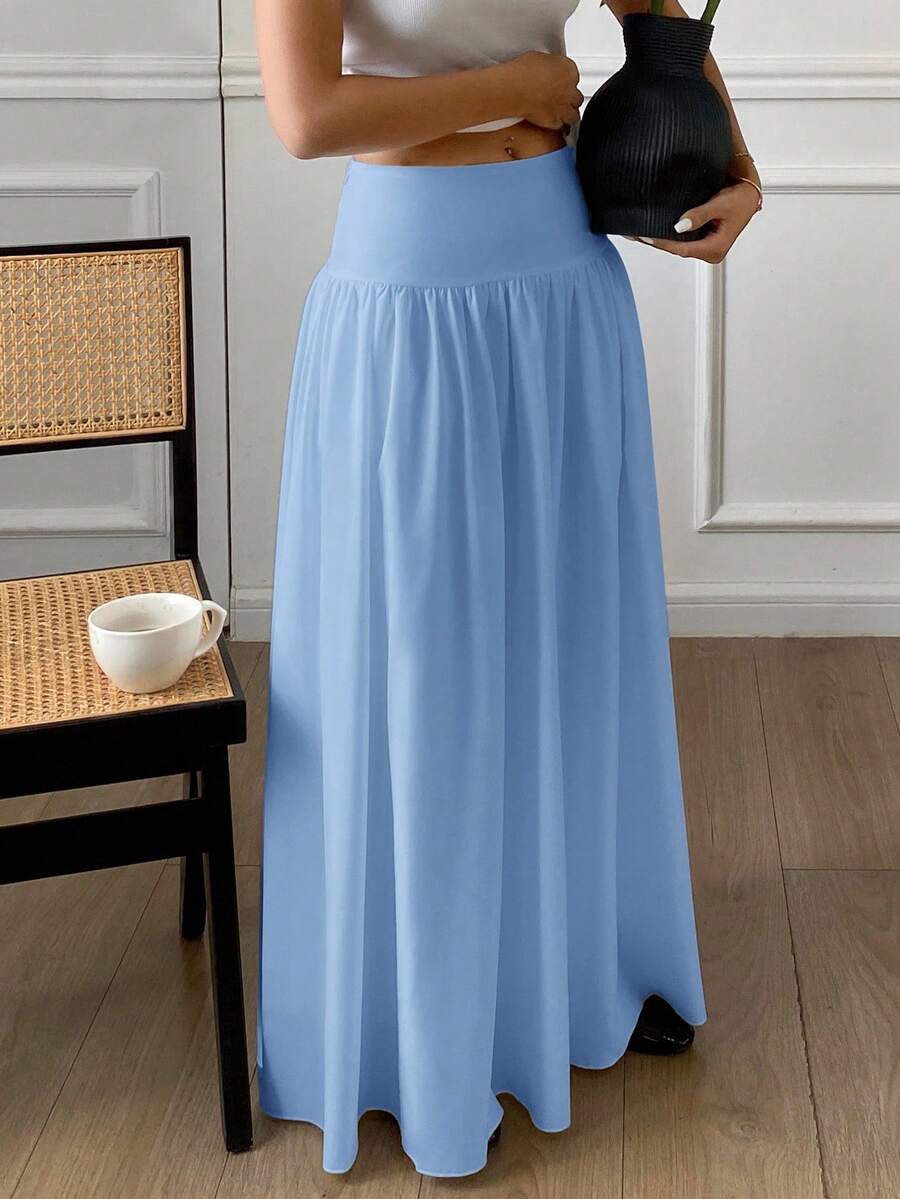 Cressida High Waist Wide Waistband Pleated Maxi Skirt - Sky Blue