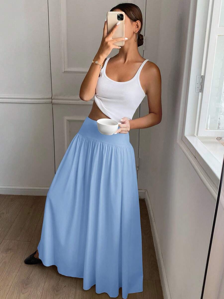 Cressida High Waist Wide Waistband Pleated Maxi Skirt - Sky Blue