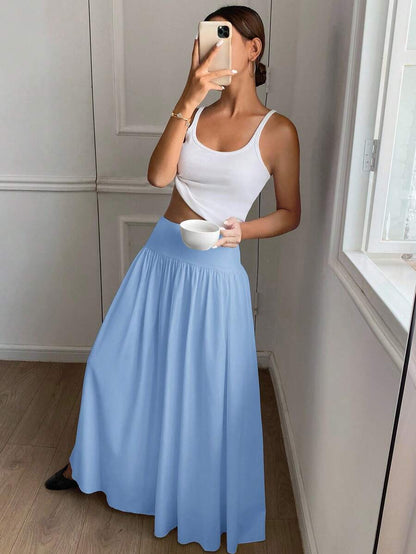 Cressida High Waist Wide Waistband Pleated Maxi Skirt - Sky Blue