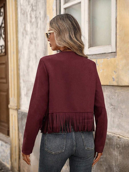 Evangeline Fringe Trim Open Front Crop Jacket - Pink