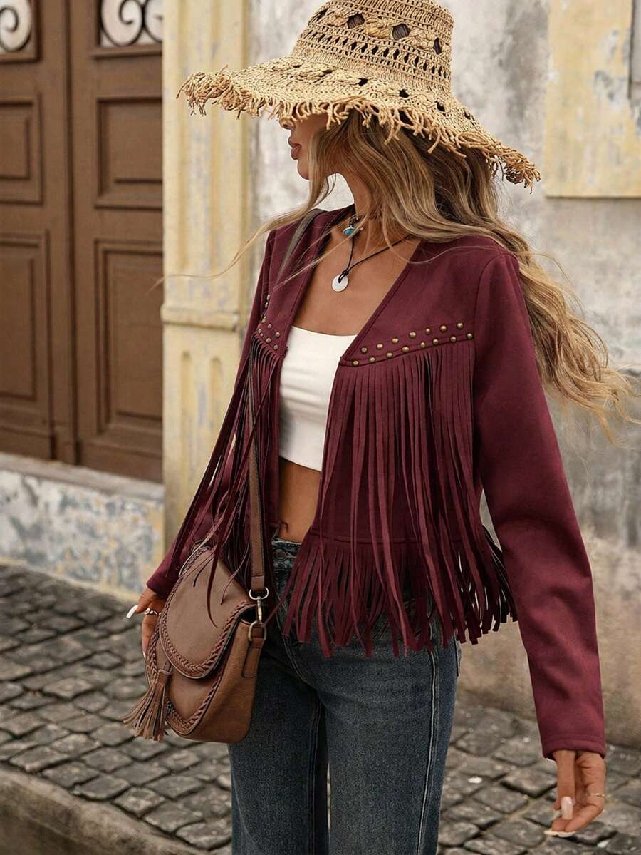 Evangeline Fringe Trim Open Front Crop Jacket - Blue