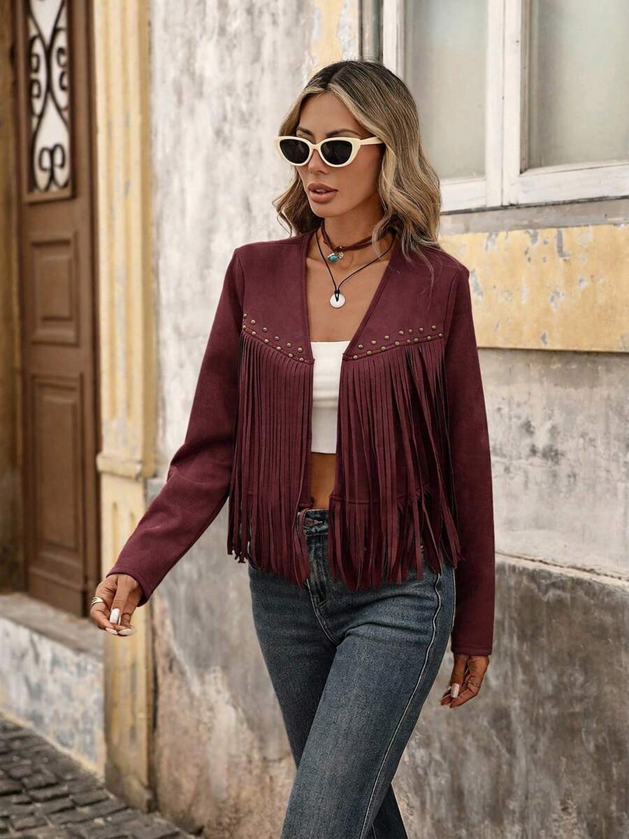 Evangeline Fringe Trim Open Front Crop Jacket - Brown