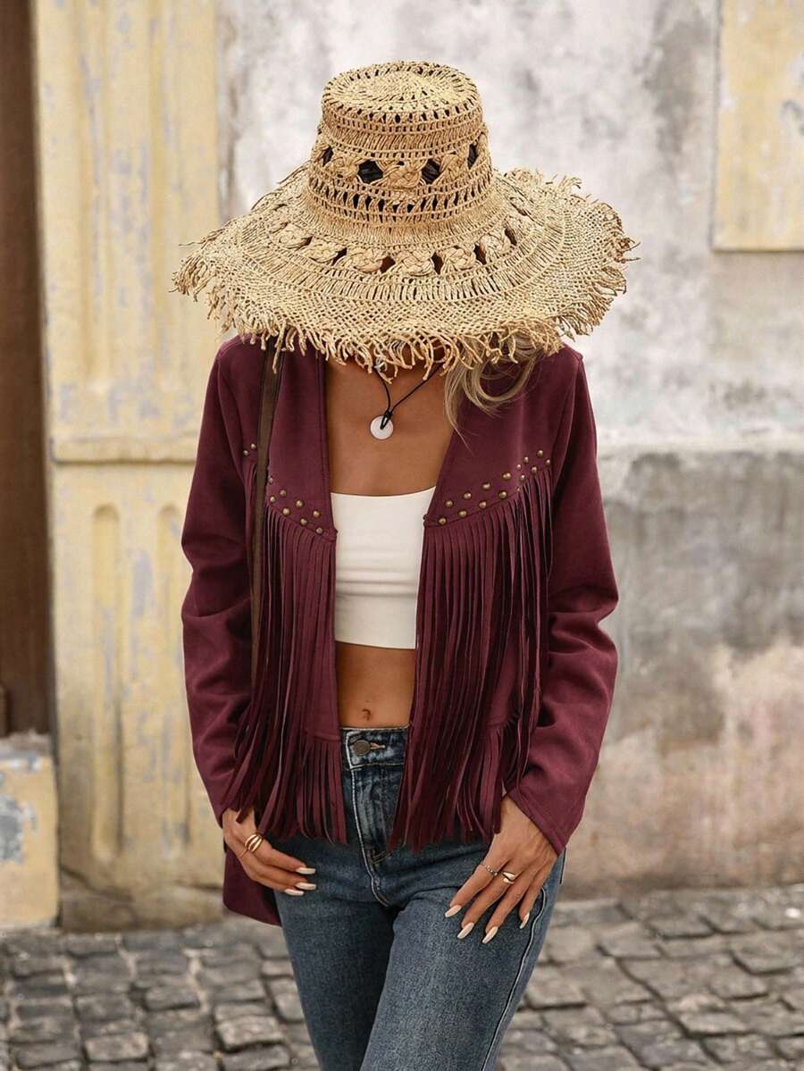 Evangeline Fringe Trim Open Front Crop Jacket - Mocha Brown
