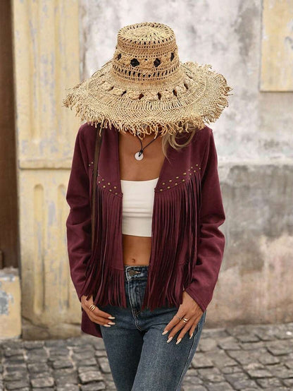 Evangeline Fringe Trim Open Front Crop Jacket - Mocha Brown