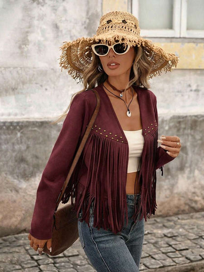 Evangeline Fringe Trim Open Front Crop Jacket - Navy Blue