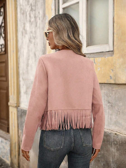 Evangeline Fringe Trim Open Front Crop Jacket - Brown