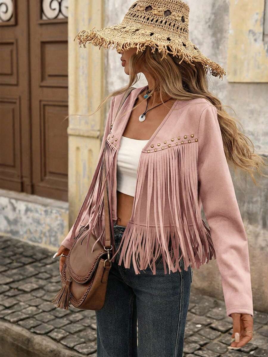 Evangeline Fringe Trim Open Front Crop Jacket - Green