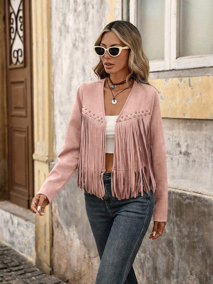 Evangeline Fringe Trim Open Front Crop Jacket - Mocha Brown