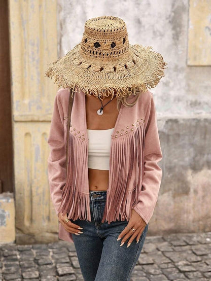 Evangeline Fringe Trim Open Front Crop Jacket - Dusty Mauve