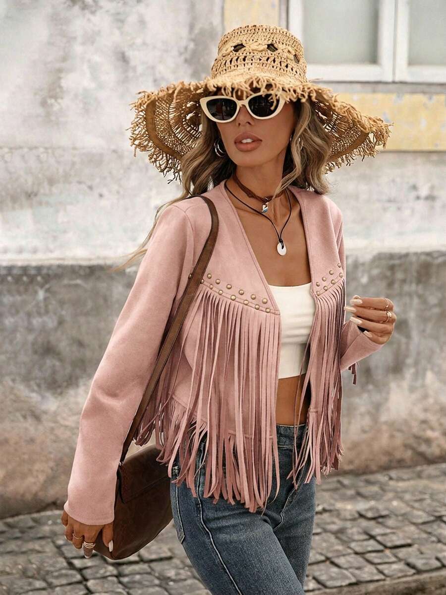 Evangeline Fringe Trim Open Front Crop Jacket - Black