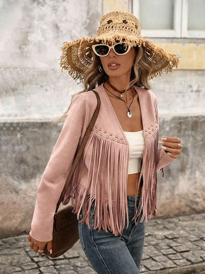 Evangeline Fringe Trim Open Front Crop Jacket - Black