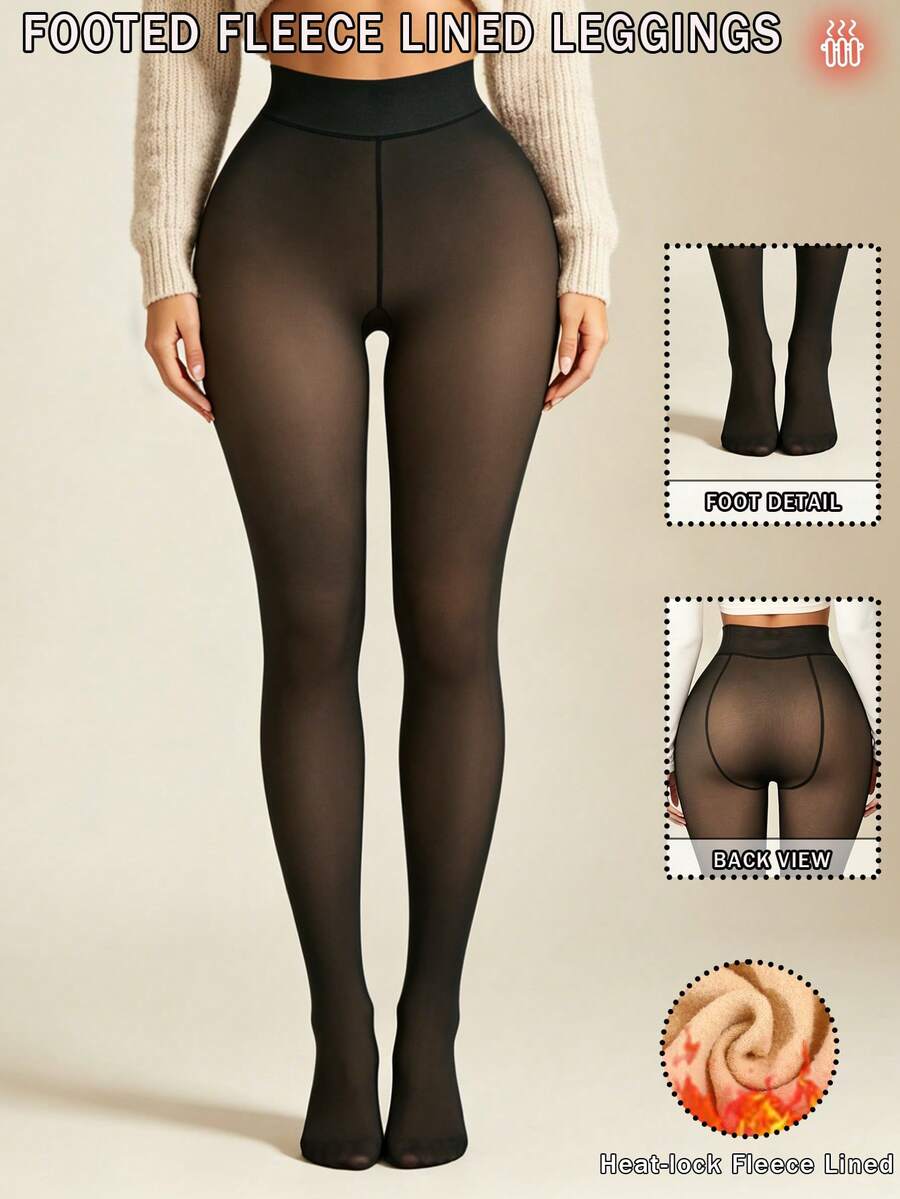 Elara Fleece Lined Leggings Sheer Look Footed Thermal Tights - Black