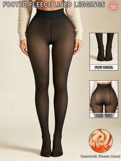 Elara Fleece Lined Leggings Sheer Look Footed Thermal Tights - Black