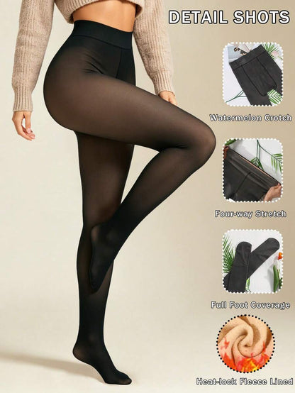 Elara Fleece Lined Leggings Sheer Look Footed Thermal Tights - Black