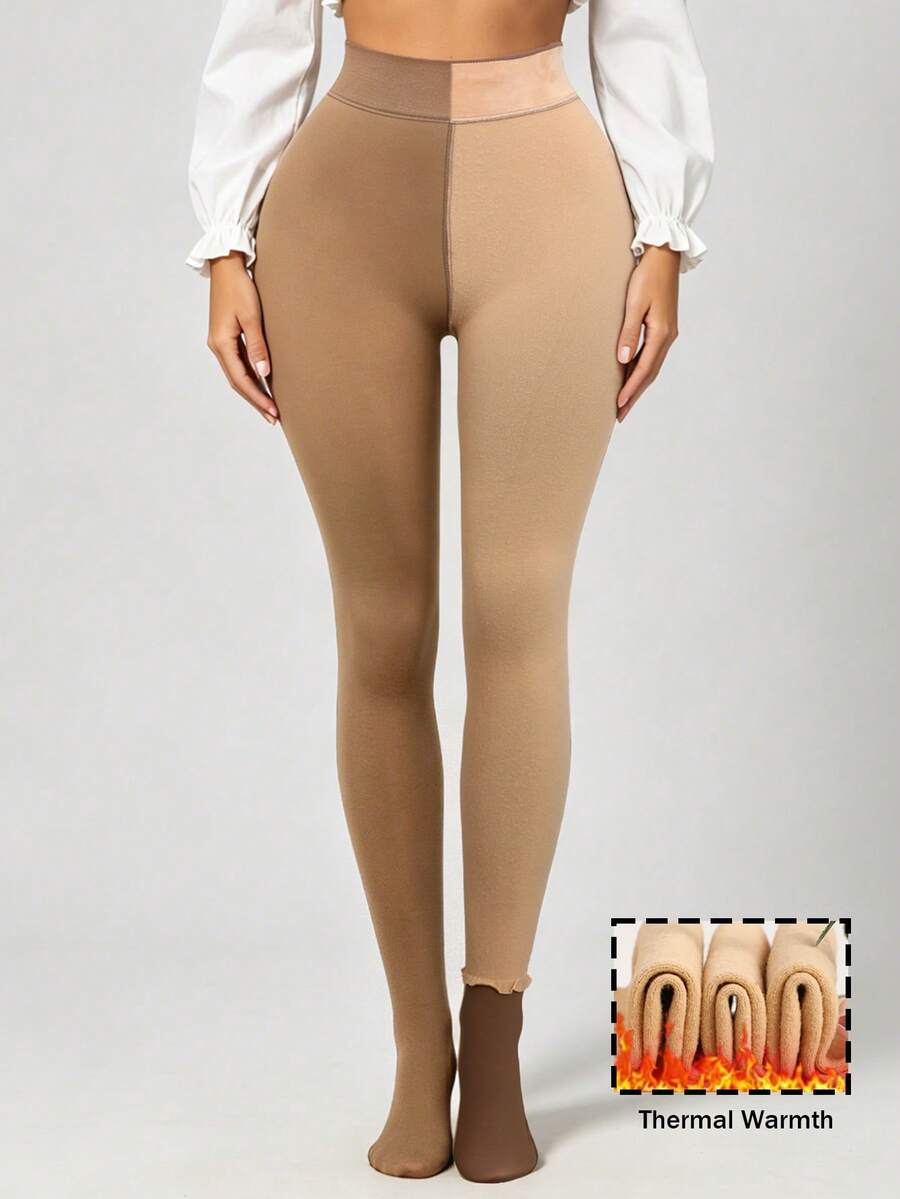 Elara Fleece Lined Leggings Sheer Look Footed Thermal Tights - Nude Beige