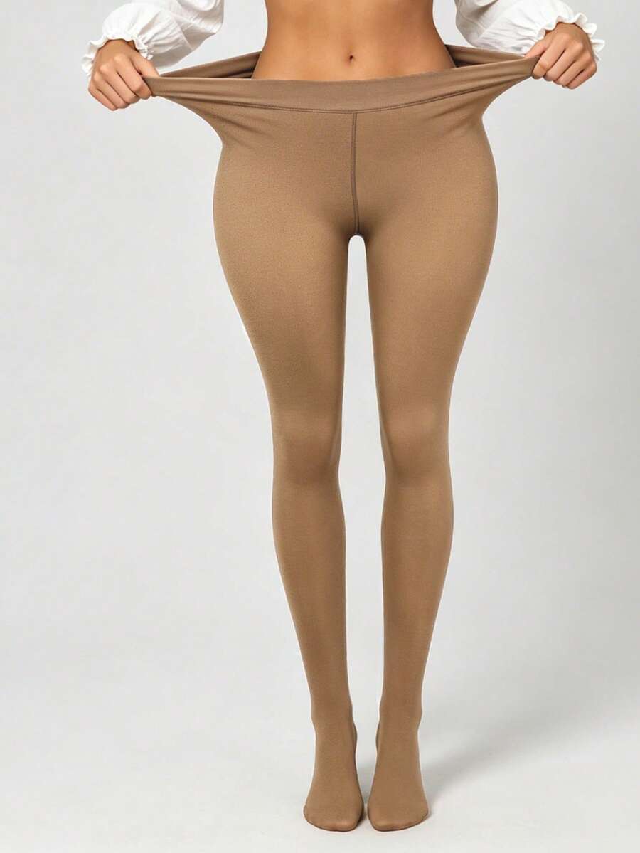 Elara Fleece Lined Leggings Sheer Look Footed Thermal Tights - Nude Beige