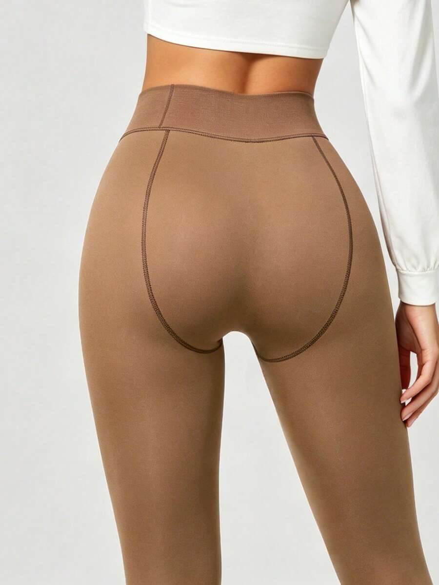 Elara Fleece Lined Leggings Sheer Look Footed Thermal Tights - Nude Beige