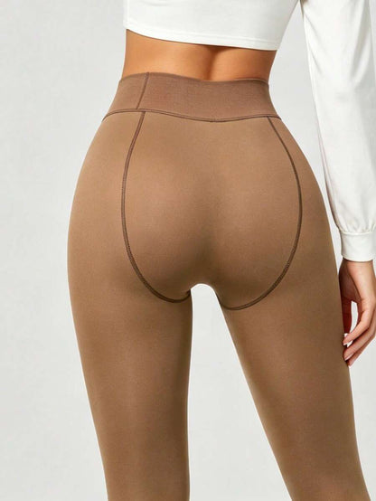 Elara Fleece Lined Leggings Sheer Look Footed Thermal Tights - Nude Beige