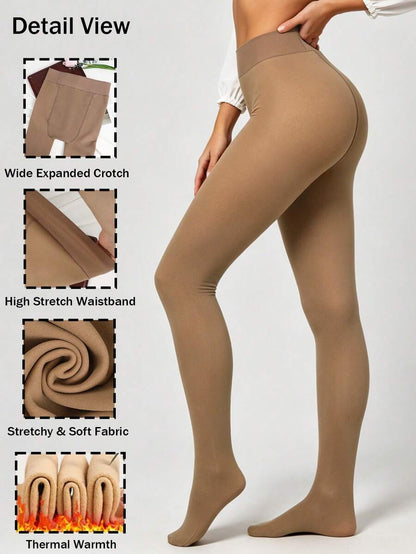 Elara Fleece Lined Leggings Sheer Look Footed Thermal Tights - Nude Beige
