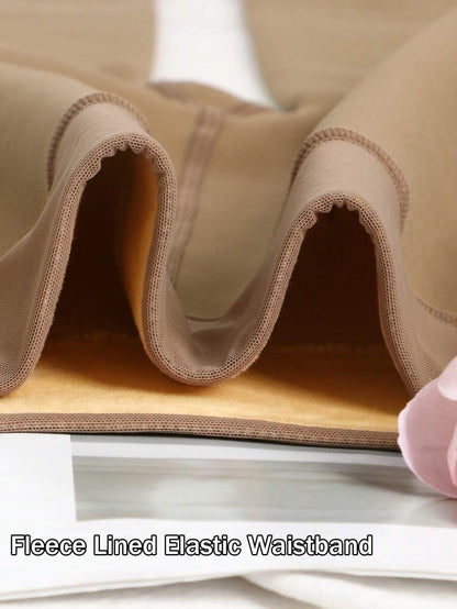 Elara Fleece Lined Leggings Sheer Look Footed Thermal Tights - Nude Beige