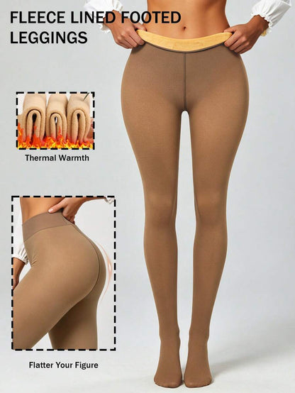 Elara Fleece Lined Leggings Sheer Look Footed Thermal Tights - Nude Beige