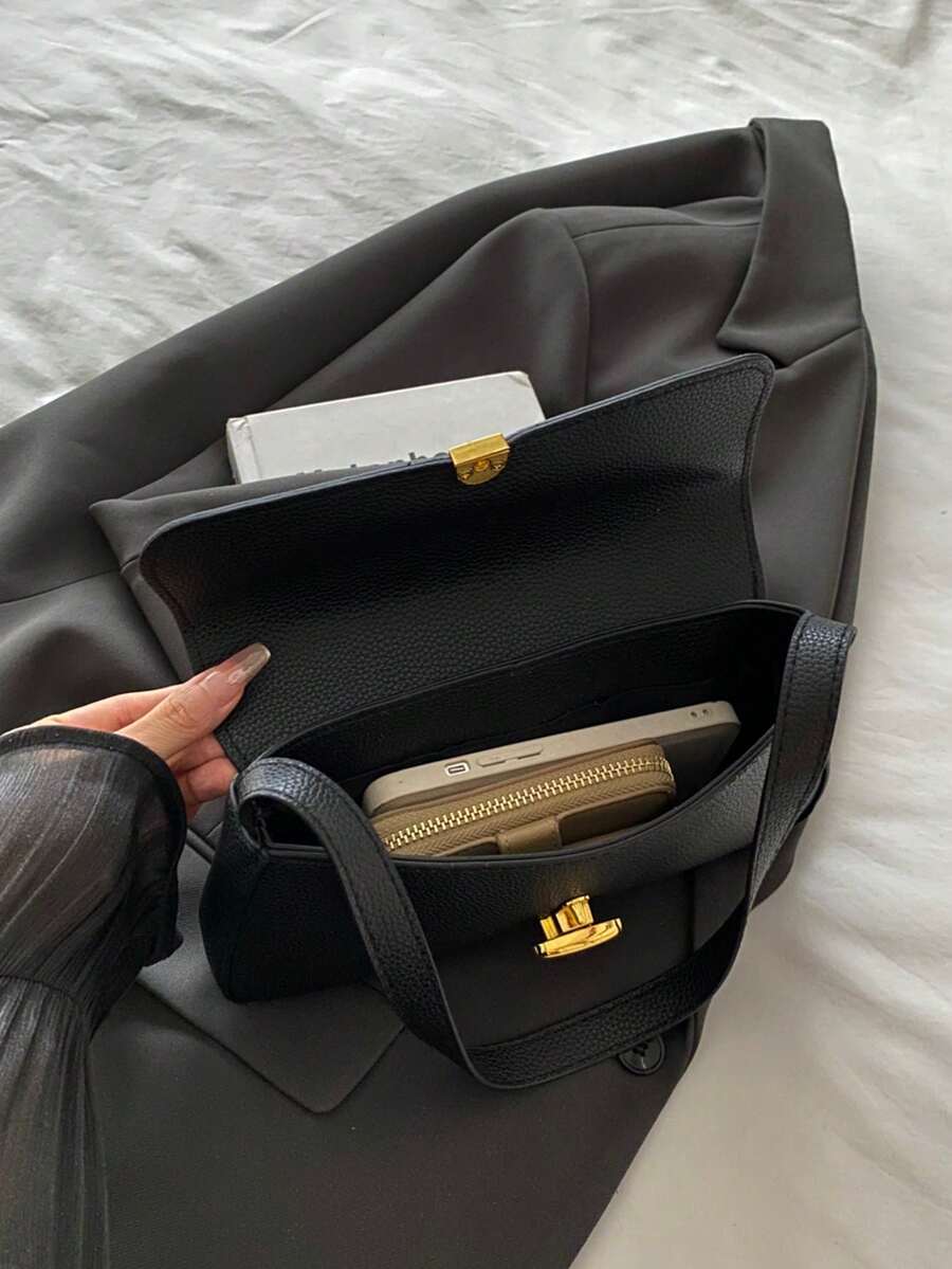 Women's Coffee Brown Shoulder Bag Quiet Luxury Metal Decor Small Underarm Purse - Black