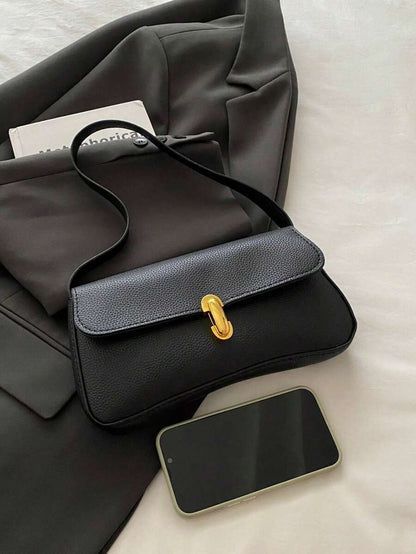 Women's Coffee Brown Shoulder Bag Quiet Luxury Metal Decor Small Underarm Purse - Black