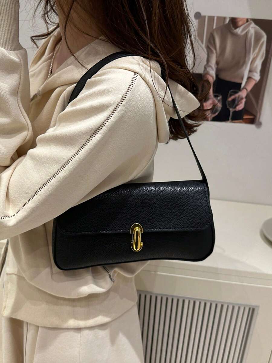Women's Coffee Brown Shoulder Bag Quiet Luxury Metal Decor Small Underarm Purse - Black