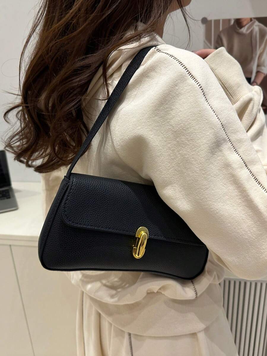 Women's Coffee Brown Shoulder Bag Quiet Luxury Metal Decor Small Underarm Purse - Black