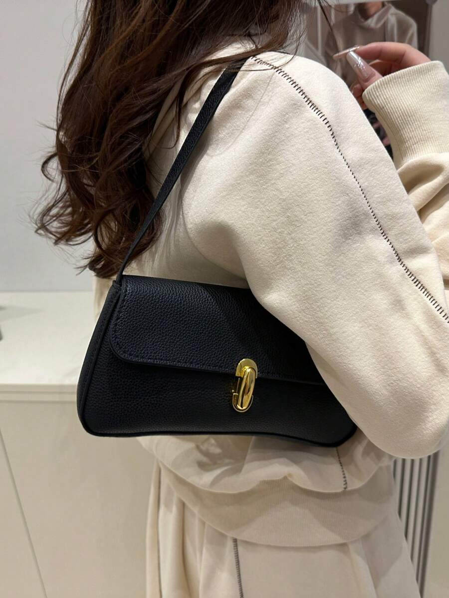 Women's Coffee Brown Shoulder Bag Quiet Luxury Metal Decor Small Underarm Purse - Black