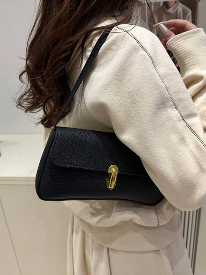 Women's Coffee Brown Shoulder Bag Quiet Luxury Metal Decor Small Underarm Purse - Black