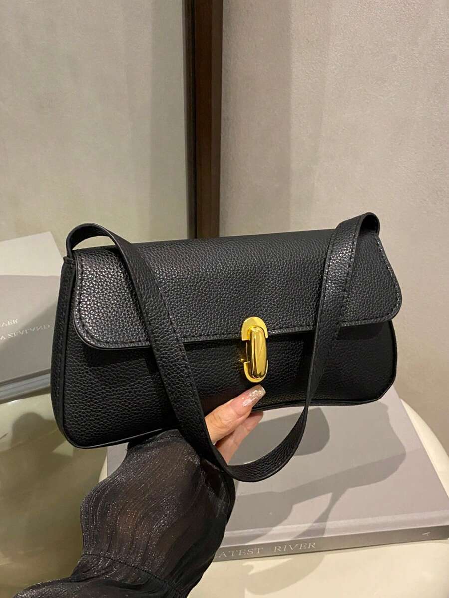 Women's Coffee Brown Shoulder Bag Quiet Luxury Metal Decor Small Underarm Purse - Black