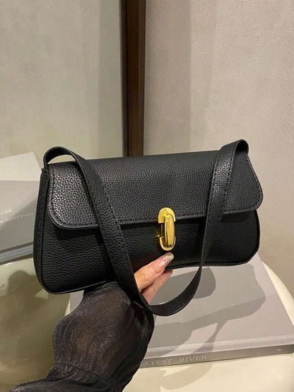 Women's Coffee Brown Shoulder Bag Quiet Luxury Metal Decor Small Underarm Purse - Black