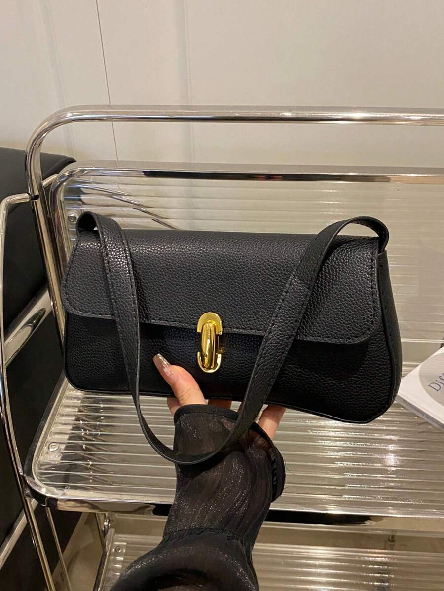 Women's Coffee Brown Shoulder Bag Quiet Luxury Metal Decor Small Underarm Purse - Black
